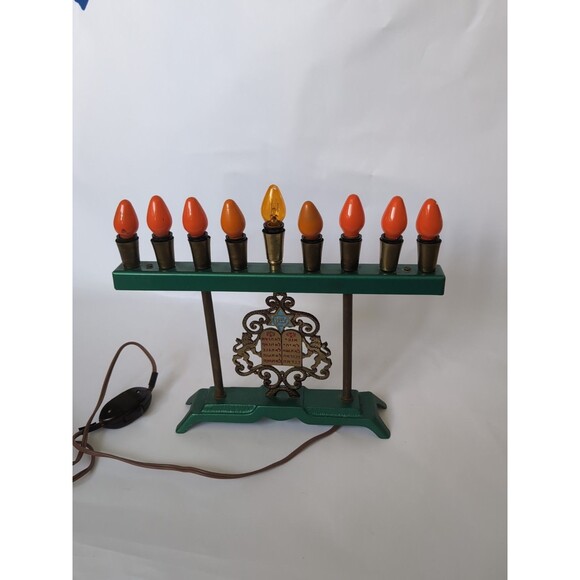 Vtg Menorah Brass Enamel Electric 50s-60s Hanukkah Judaism Light - Picture 5 of 8